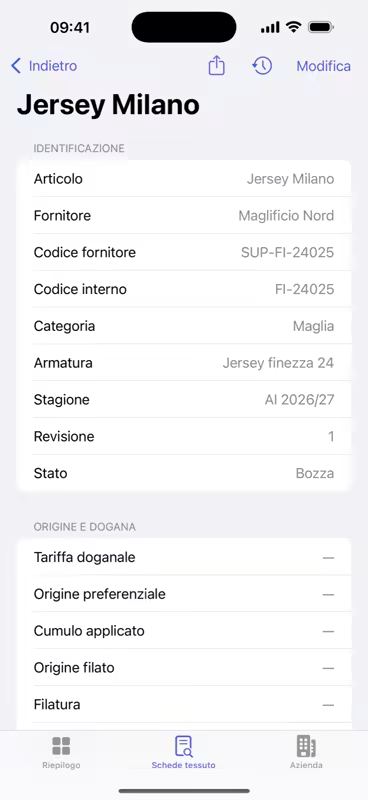 Compila: schermata FabricDataSheet su iPhone