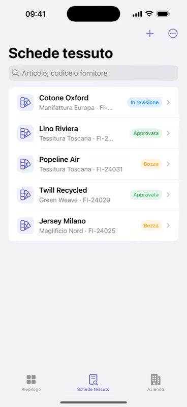 Valuta: schermata FabricDataSheet su iPhone
