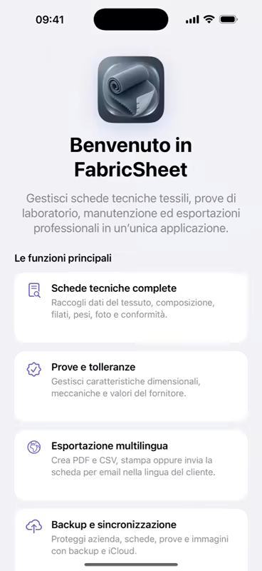 Condividi: schermata FabricDataSheet su iPhone